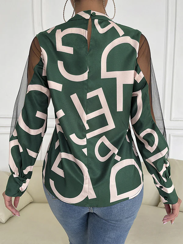 Long Sleeves Buttoned Hollow Letter Print See-Through Split-Joint Round-neck Blouses&shirts Tops Shirts Tops - Image 9