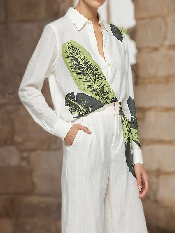 Long Sleeves Buttoned Leaves Print Lapel Blouses&Shirts Tops - Image 2