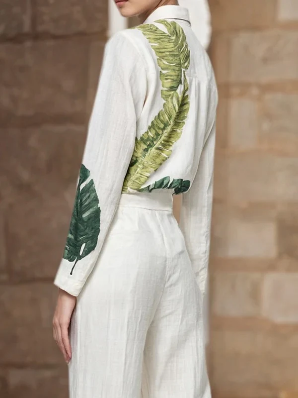 Long Sleeves Buttoned Leaves Print Lapel Blouses&Shirts Tops - Image 3