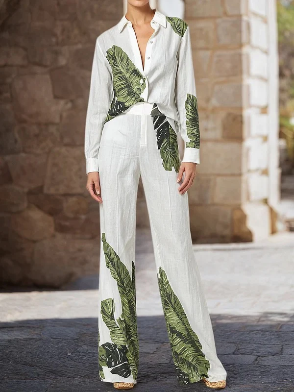 Long Sleeves Buttoned Leaves Print Lapel Blouses&Shirts Tops - Image 4