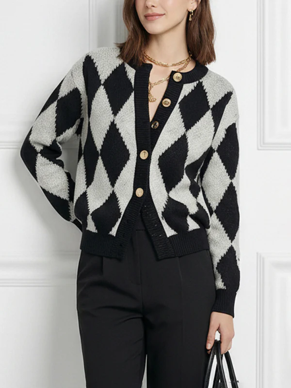 Long Sleeves Buttoned Plaid Round-Neck Cardigan Tops - Image 2