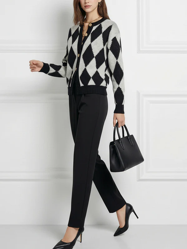 Long Sleeves Buttoned Plaid Round-Neck Cardigan Tops - Image 5