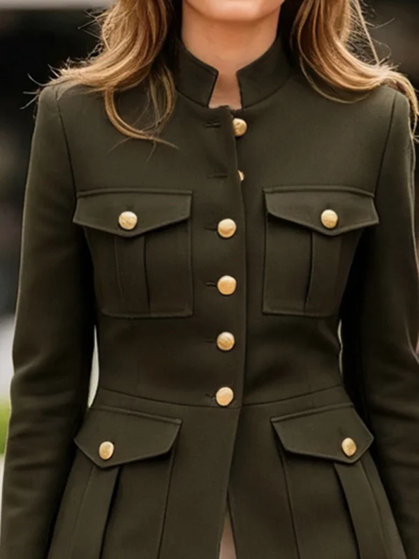 Long Sleeves Buttoned Pleated Pockets Solid Color Stand Collar Outerwear - Image 2