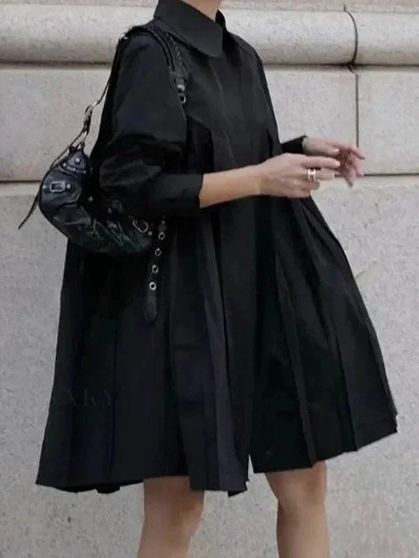 Long Sleeves Buttoned Pleated Solid Color Lapel Midi Dresses Shirt Dress - Image 2