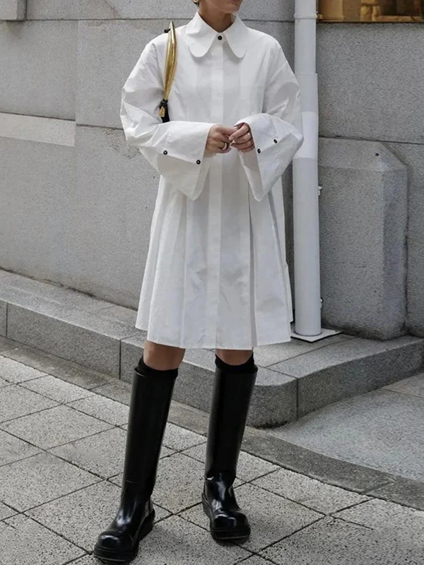 Long Sleeves Buttoned Pleated Solid Color Lapel Midi Dresses Shirt Dress - Image 3