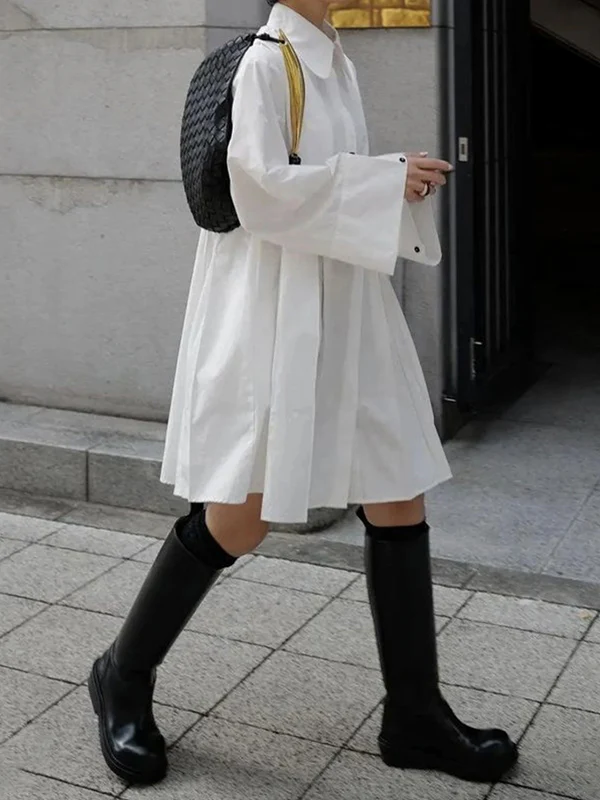 Long Sleeves Buttoned Pleated Solid Color Lapel Midi Dresses Shirt Dress - Image 4