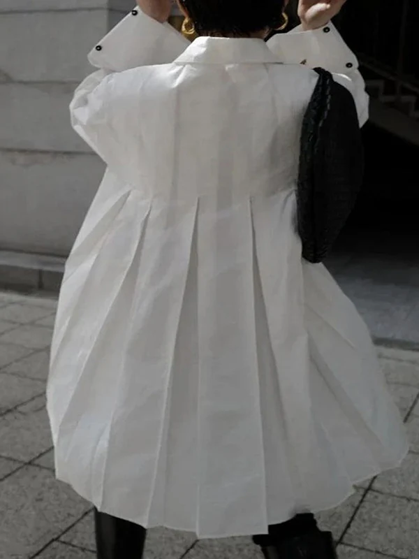 Long Sleeves Buttoned Pleated Solid Color Lapel Midi Dresses Shirt Dress - Image 5