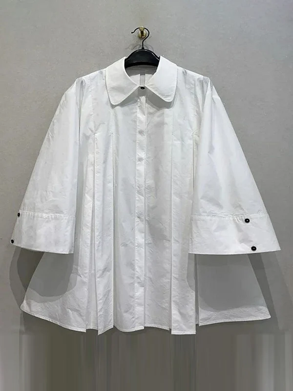 Long Sleeves Buttoned Pleated Solid Color Lapel Midi Dresses Shirt Dress - Image 6