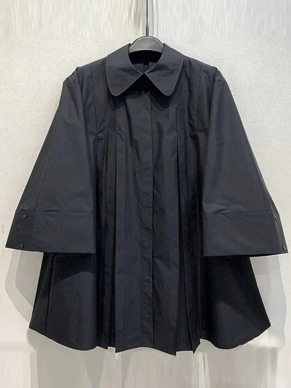Long Sleeves Buttoned Pleated Solid Color Lapel Midi Dresses Shirt Dress - Image 7