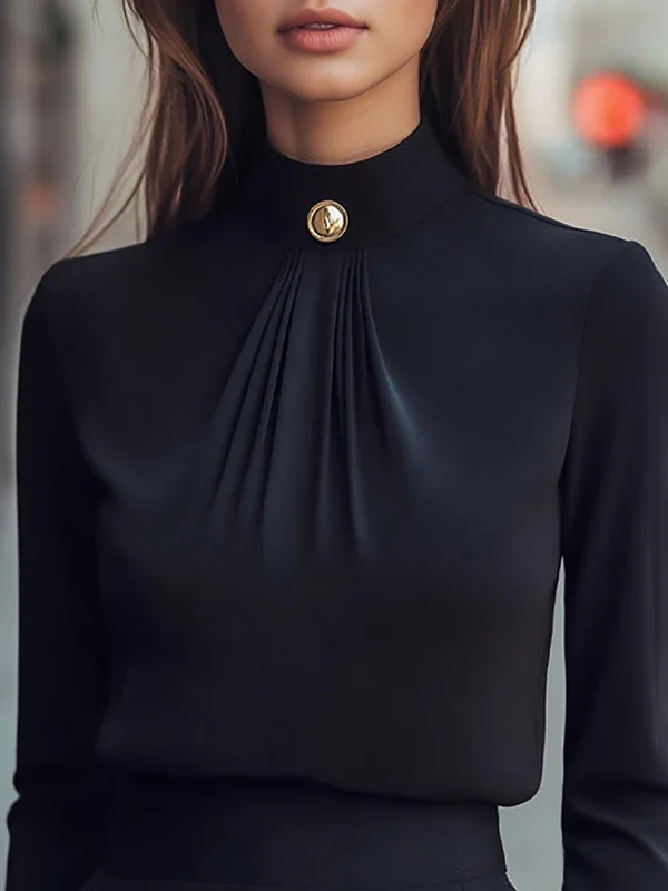 Long Sleeves Buttoned Pleated Solid Color Zipper Mock Neck Blouses&shirts Tops - Image 2