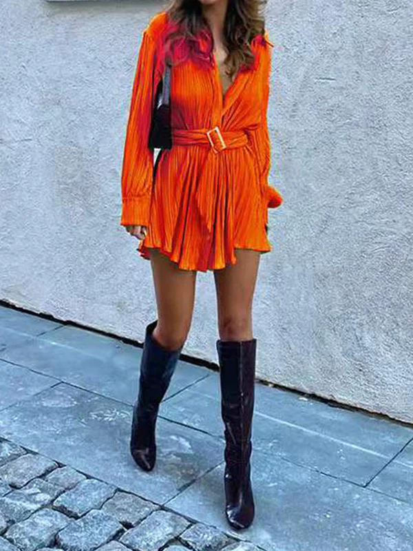 Long Sleeves Buttoned Pleated Solid Color Tied Waist Lapel Mini Dresses Shirt Dress - Image 12