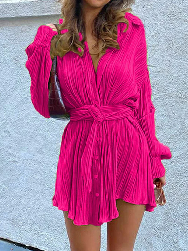 Long Sleeves Buttoned Pleated Solid Color Tied Waist Lapel Mini Dresses Shirt Dress - Image 3