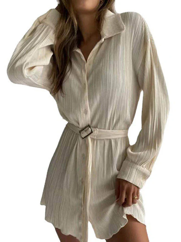 Long Sleeves Buttoned Pleated Solid Color Tied Waist Lapel Mini Dresses Shirt Dress - Image 4