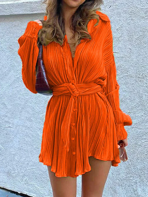 Long Sleeves Buttoned Pleated Solid Color Tied Waist Lapel Mini Dresses Shirt Dress - Image 5