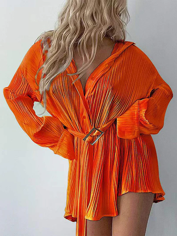 Long Sleeves Buttoned Pleated Solid Color Tied Waist Lapel Mini Dresses Shirt Dress - Image 6