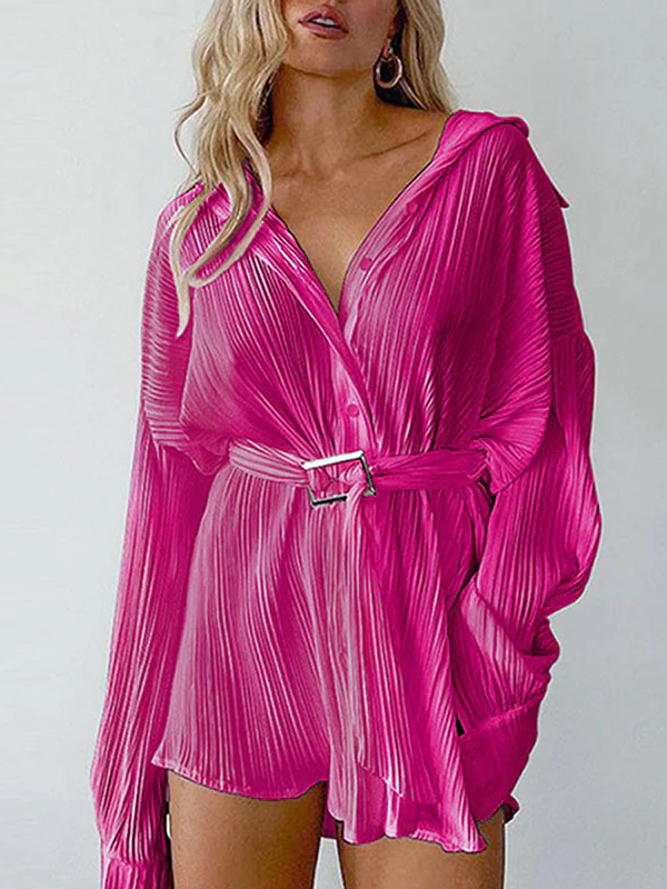 Long Sleeves Buttoned Pleated Solid Color Tied Waist Lapel Mini Dresses Shirt Dress - Image 7