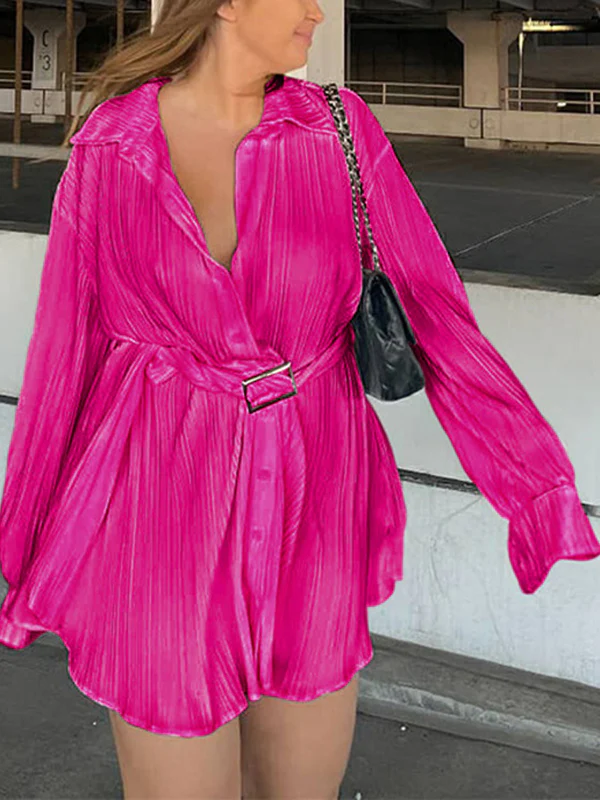 Long Sleeves Buttoned Pleated Solid Color Tied Waist Lapel Mini Dresses Shirt Dress - Image 9