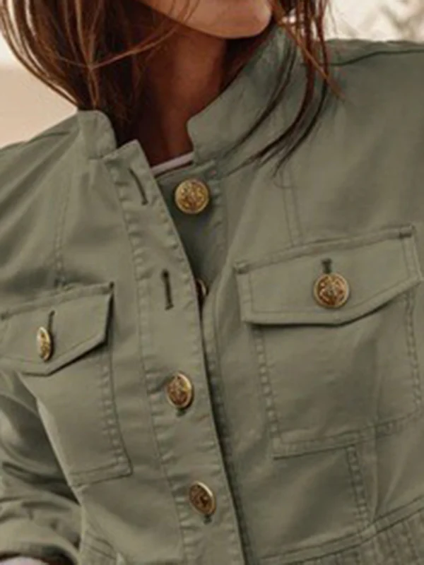 Long Sleeves Buttoned Pleated Split-Joint Stand Collar Outerwear - Image 2