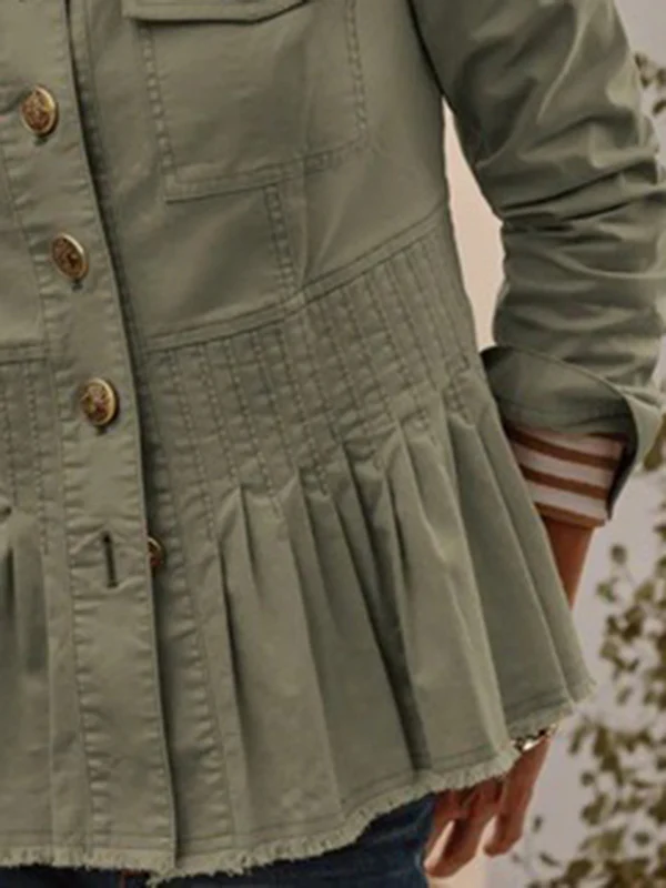 Long Sleeves Buttoned Pleated Split-Joint Stand Collar Outerwear - Image 3
