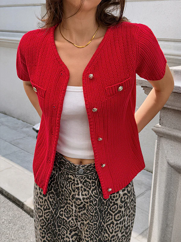 Long Sleeves Buttoned Pockets Ribs Solid Color Collarless Cardigan Tops Outerwear