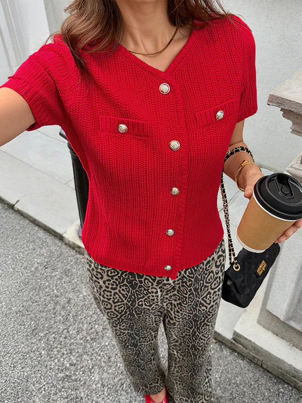 Long Sleeves Buttoned Pockets Ribs Solid Color Collarless Cardigan Tops Outerwear - Image 3