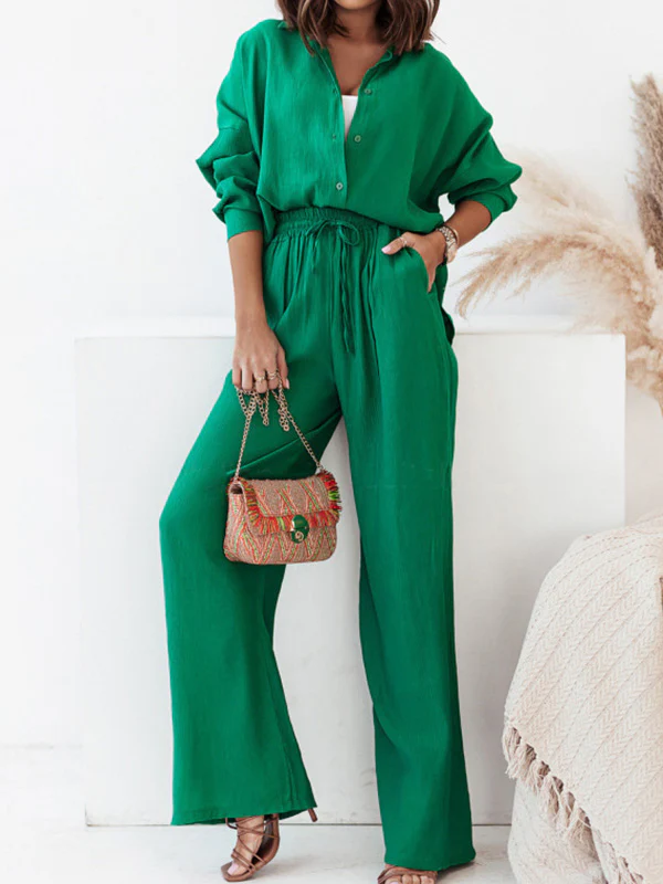 Long Sleeves Buttoned Pockets Solid Color Lapel Shirts Top + Elasticity High Waisted Pants Bottom Two Pieces Set - Image 3