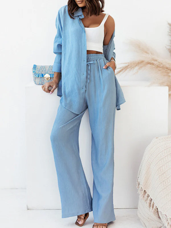Long Sleeves Buttoned Pockets Solid Color Lapel Shirts Top + Elasticity High Waisted Pants Bottom Two Pieces Set - Image 4