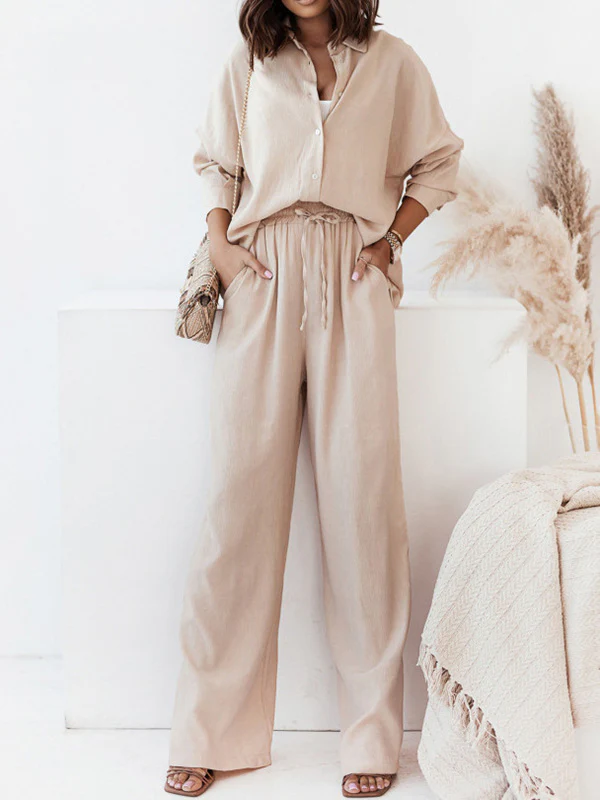 Long Sleeves Buttoned Pockets Solid Color Lapel Shirts Top + Elasticity High Waisted Pants Bottom Two Pieces Set - Image 5