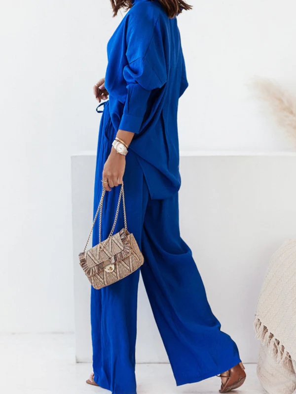 Long Sleeves Buttoned Pockets Solid Color Lapel Shirts Top + Elasticity High Waisted Pants Bottom Two Pieces Set - Image 6