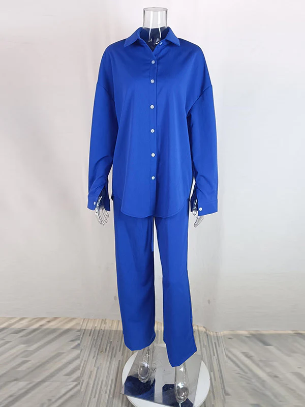 Long Sleeves Buttoned Pockets Solid Color Lapel Shirts Top + Elasticity High Waisted Pants Bottom Two Pieces Set - Image 7