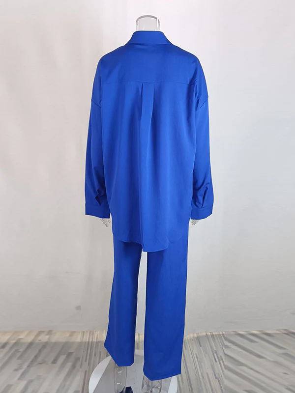 Long Sleeves Buttoned Pockets Solid Color Lapel Shirts Top + Elasticity High Waisted Pants Bottom Two Pieces Set - Image 8