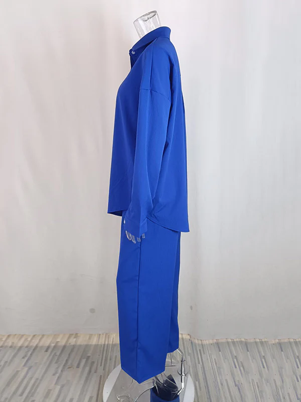Long Sleeves Buttoned Pockets Solid Color Lapel Shirts Top + Elasticity High Waisted Pants Bottom Two Pieces Set - Image 9