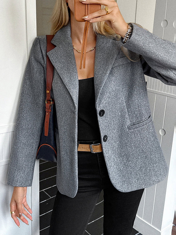 Long Sleeves Buttoned Pockets Solid Color Notched Collar Suit Outerwear - Image 11