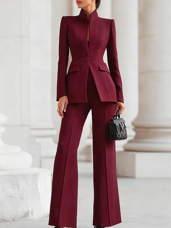 Long Sleeves Buttoned Pockets Solid Color Stand Collar Blazer Outerwear - Image 10