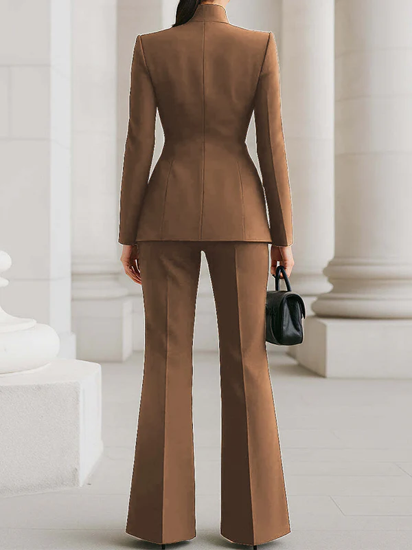 Long Sleeves Buttoned Pockets Solid Color Stand Collar Blazer Outerwear - Image 11