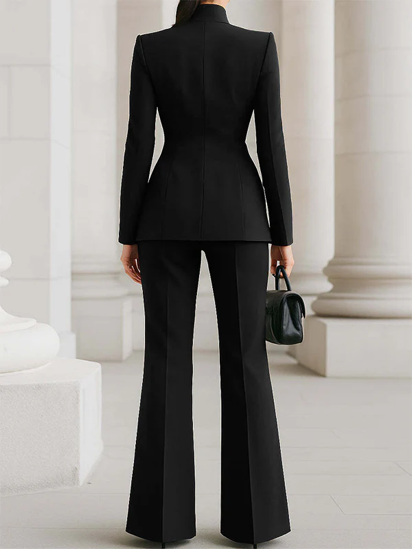 Long Sleeves Buttoned Pockets Solid Color Stand Collar Blazer Outerwear - Image 14