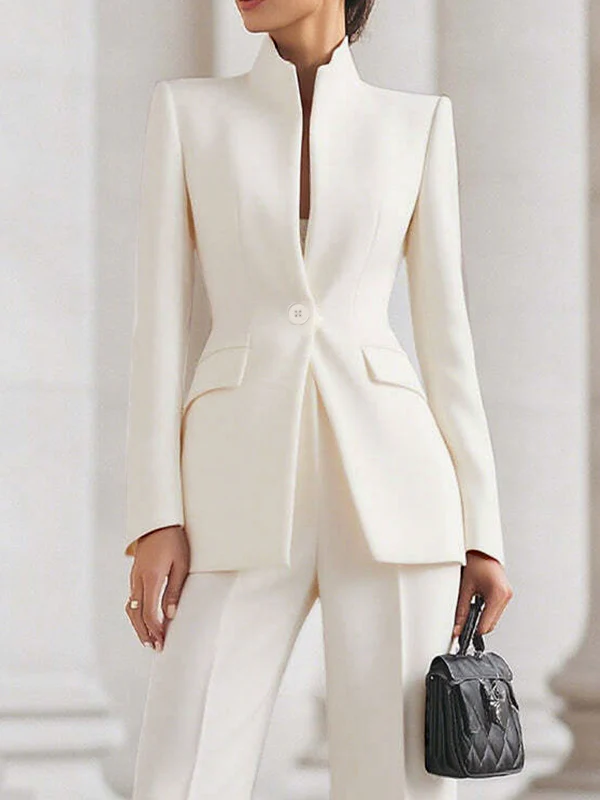 Long Sleeves Buttoned Pockets Solid Color Stand Collar Blazer Outerwear - Image 3
