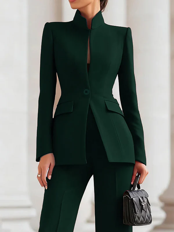 Long Sleeves Buttoned Pockets Solid Color Stand Collar Blazer Outerwear - Image 4