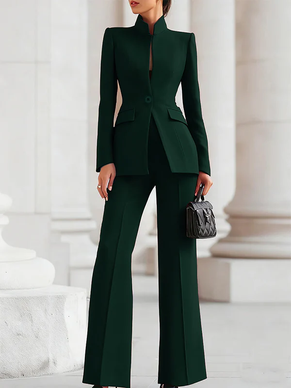 Long Sleeves Buttoned Pockets Solid Color Stand Collar Blazer Outerwear - Image 9
