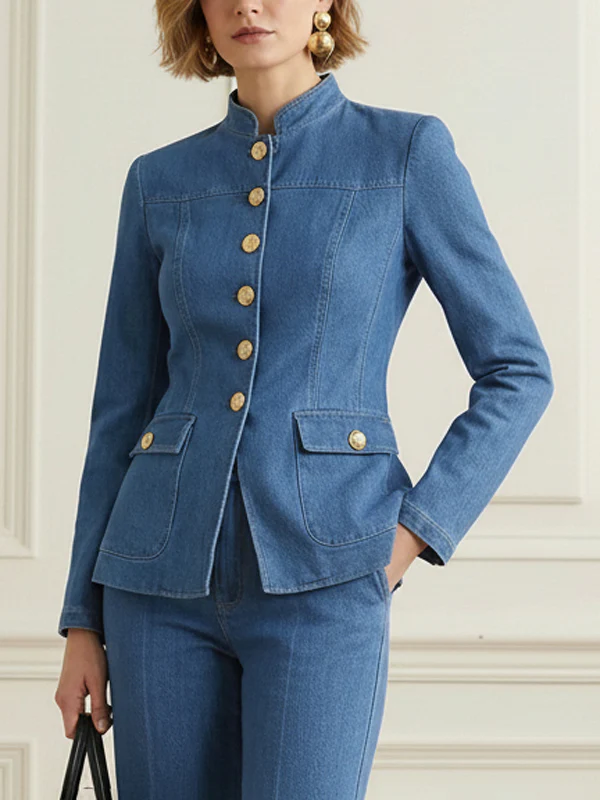 Long Sleeves Buttoned Pockets Solid Color Stand Collar Outerwear - Image 2
