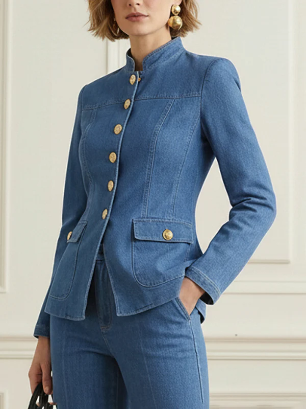 Long Sleeves Buttoned Pockets Solid Color Stand Collar Outerwear - Image 3