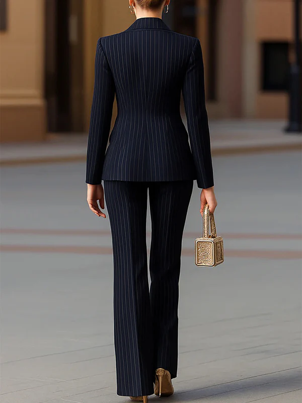 Long Sleeves Buttoned Pockets Striped Notched Collar Blazer Outerwear - Image 3