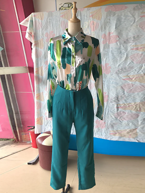Long Sleeves Buttoned Printed Lapel Blouses Top + High Waisted Pants Bottom Two Pieces Set - Image 10