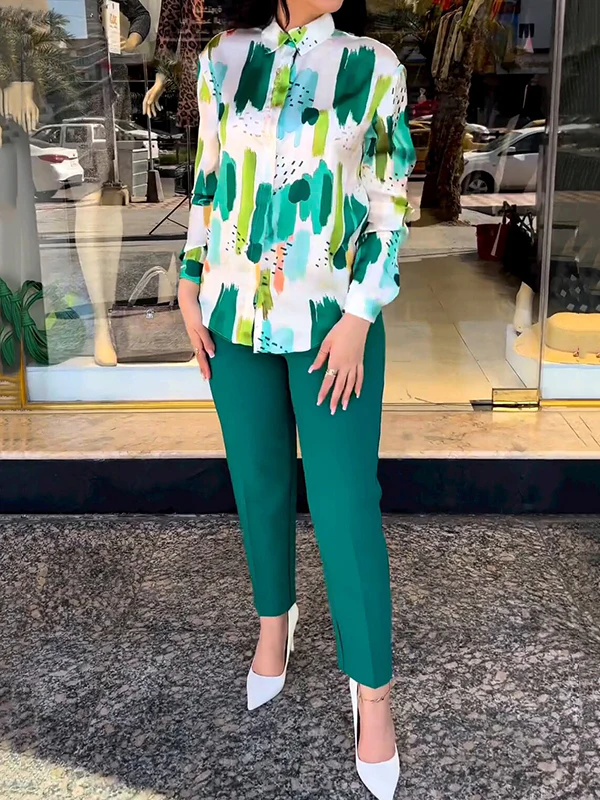 Long Sleeves Buttoned Printed Lapel Blouses Top + High Waisted Pants Bottom Two Pieces Set - Image 2