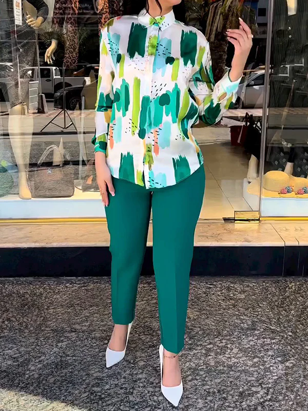 Long Sleeves Buttoned Printed Lapel Blouses Top + High Waisted Pants Bottom Two Pieces Set - Image 3