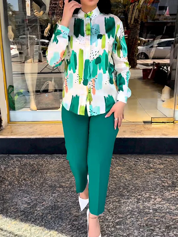 Long Sleeves Buttoned Printed Lapel Blouses Top + High Waisted Pants Bottom Two Pieces Set - Image 4