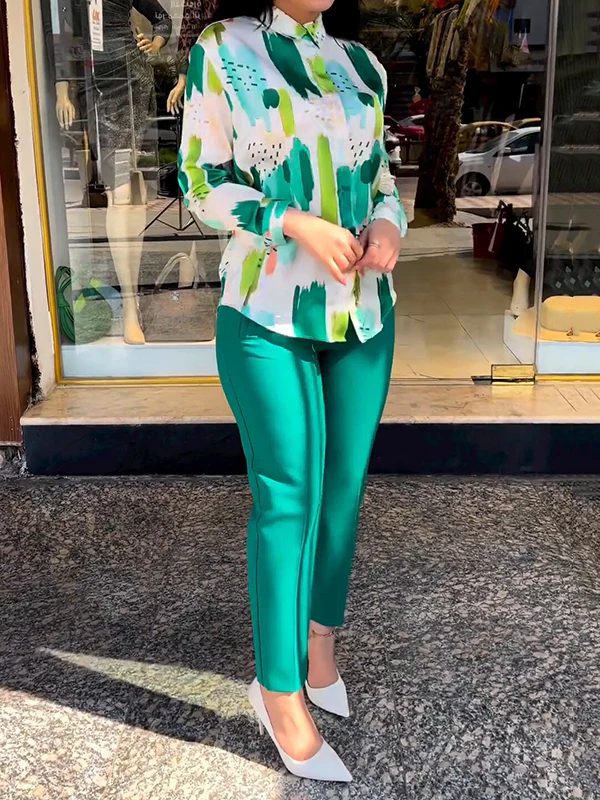 Long Sleeves Buttoned Printed Lapel Blouses Top + High Waisted Pants Bottom Two Pieces Set - Image 5