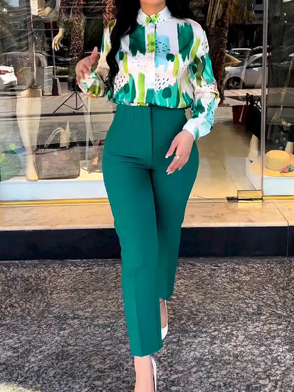 Long Sleeves Buttoned Printed Lapel Blouses Top + High Waisted Pants Bottom Two Pieces Set - Image 6