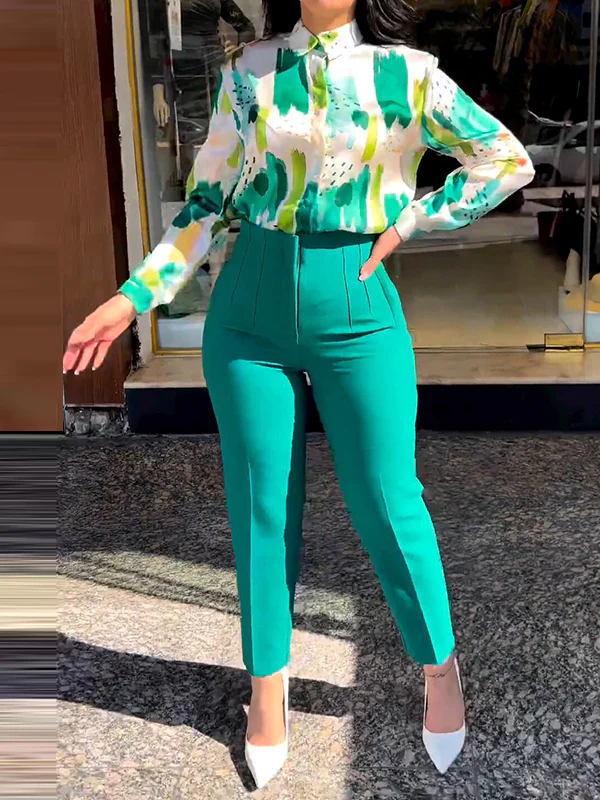 Long Sleeves Buttoned Printed Lapel Blouses Top + High Waisted Pants Bottom Two Pieces Set - Image 7