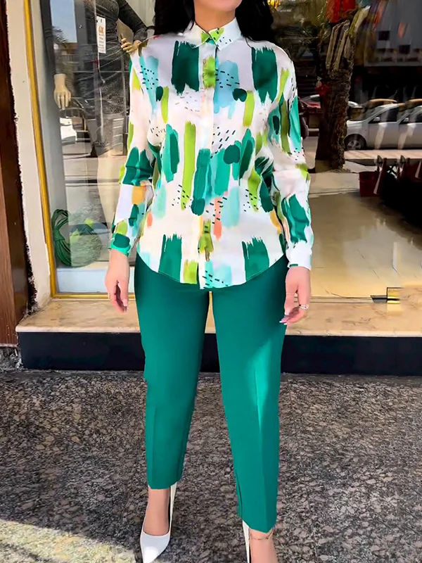 Long Sleeves Buttoned Printed Lapel Blouses Top + High Waisted Pants Bottom Two Pieces Set - Image 8